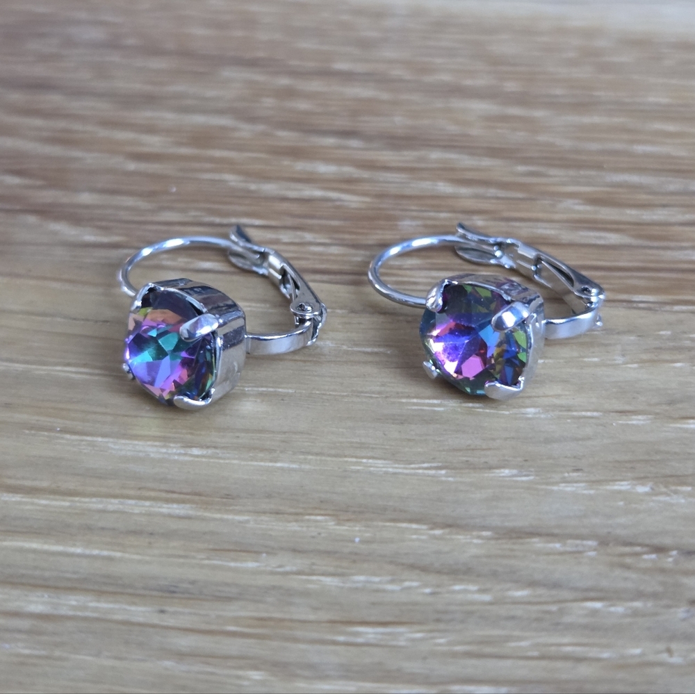 Rhodium Lever Back Drop Earrings, Volcano Crystals, Hand Crafted - Picture 6 of 14